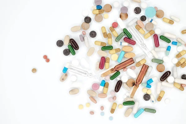 Olika Läkemedel Tabletter Kapslar Läkemedel Terapi Och Piller Vit Bakgrund — Stockfoto