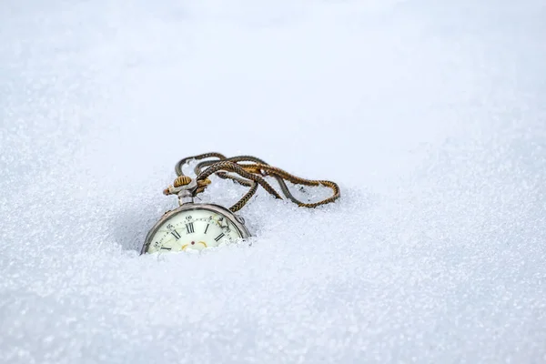 Antique Rotten Pocket Watch Partially Buried Snow — Stock Photo, Image