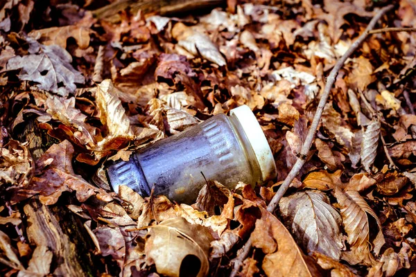 人类生活产品污染环境的概念 生活垃圾的垃圾污染了秋天的森林 Sibiu Dumbrava森林 — 图库照片
