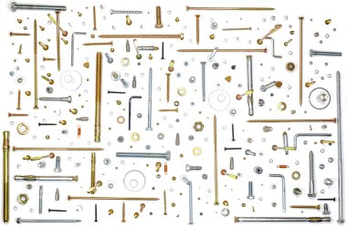 vida, fındık, yıkama, zımba, perçin ve yaylar beyaz arka planda izole edilmiş, üst manzara