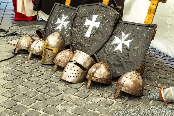 Cidade Sibiu Romênia Agosto 2019 Armadura Cavaleiro Medieval Armas Expostas — Fotografia de Stock