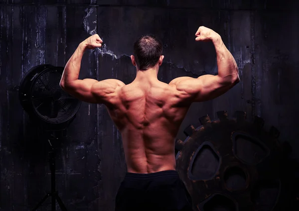 Närbild av manliga modell muskulös nakna rygg mot mörk vägg — Stockfoto