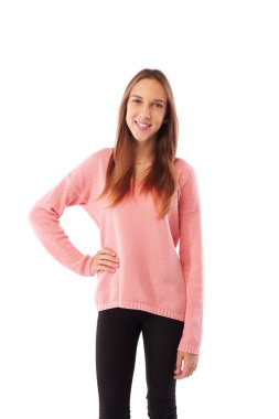 Çekici ince genç kız kalça üzerinde beyaz b poz üzerinde el ile