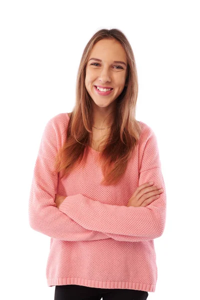 Un portrait d'un charmant sourire de jolie adolescente contre le blanc — Photo