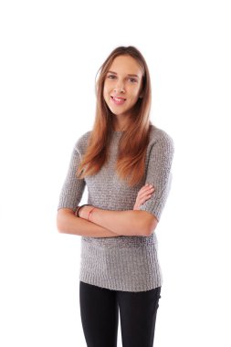 Silah tutan ince genç kız beyaz izole backgro geçti