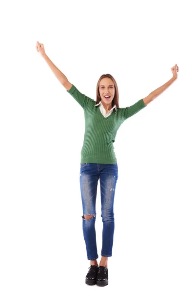 Подовжена дівчина піднімає руки з виглядом успіху ізольовані над — стокове фото