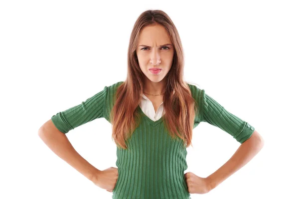 Young girl with a disgusting reaction on her face holding hands — Stock Photo, Image