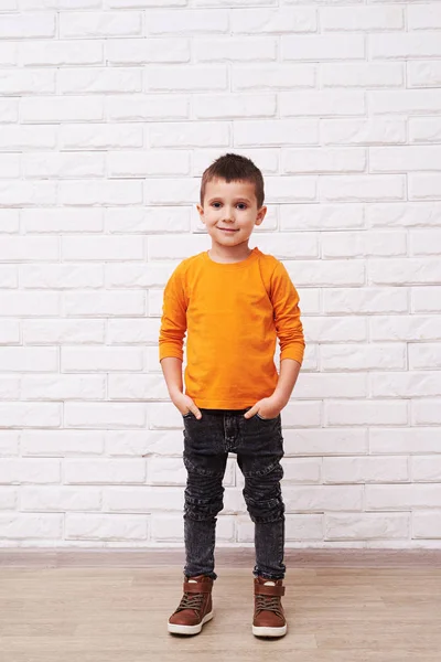 Little handsome boy standing in a confident pose and holding han — Stock Photo, Image