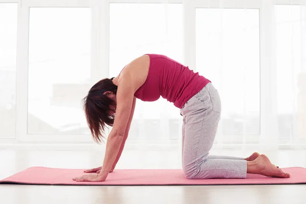 Hembra realizando postura de yoga en alfombra de ejercicio —  Fotos de Stock