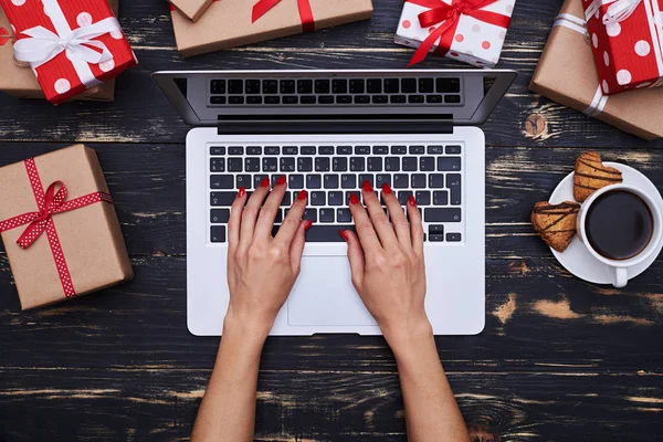 Gümüş laptop ile çevrili tipik kadın ince elleri 