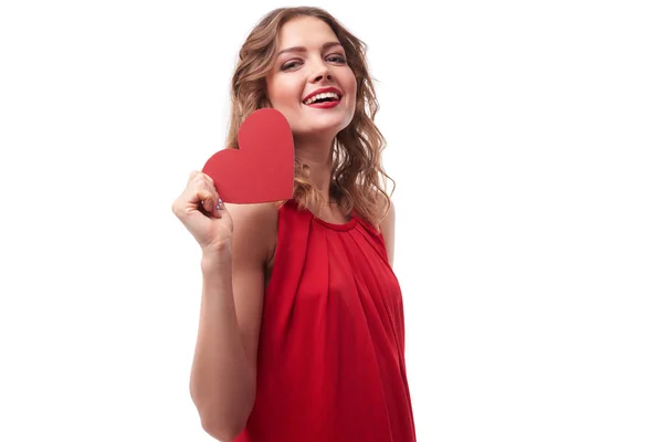 Close-up of striking gorgeous young brunette with valentines car — Stock Photo, Image