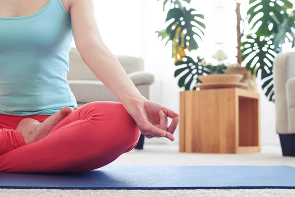 Incredibile donna in abbigliamento sportivo facendo posa di loto su tappetino yoga — Foto Stock