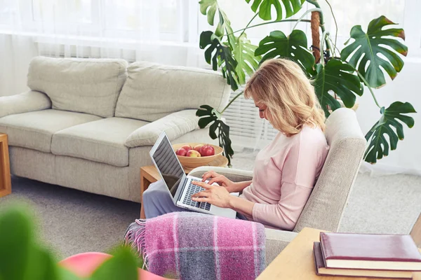 Tilltalande kvinnlig arbetar i laptop medan du sitter i fåtölj — Stockfoto