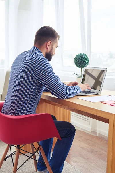 Cavalheiro elegante em camisa quadriculada azul trabalhando com laptop — Fotografia de Stock