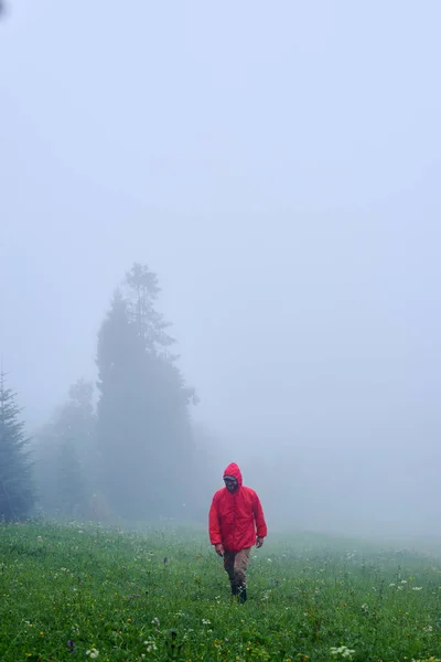 Tourist in waterproof jacket hiking in foggy weather — Stock Photo, Image
