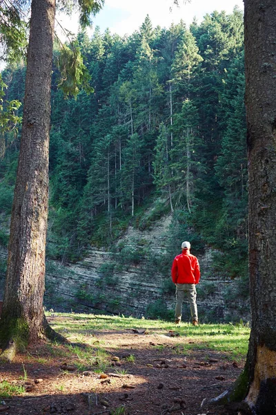 Man in hiking outfit admiring panorama of cliff alone — Stock Photo, Image