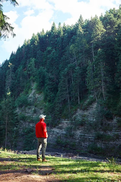Hiker observing stone cliff with forest — Stock Photo, Image