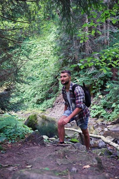 Young bearded hiker stepping rocks in mountain forest — Stock Photo, Image