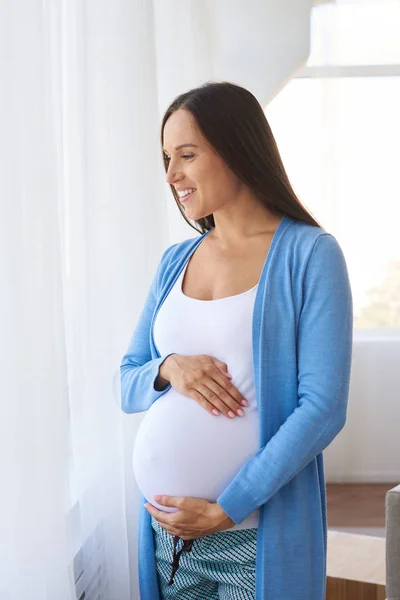 Молодая беременная женщина, стоящая у окна дома — стоковое фото