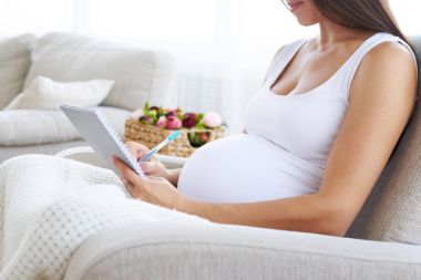 Hamile kadını koltukta otururken not defterinde yazma 