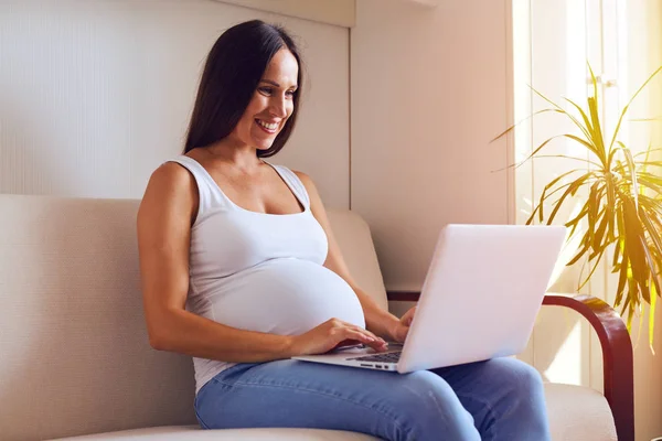 Νεαρή έγκυος μελαχρινή που εργάζονται για το laptop στον καναπέ — Φωτογραφία Αρχείου