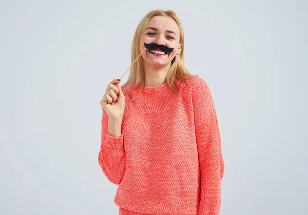 Smiley woman with fake moustache — Stock Photo, Image