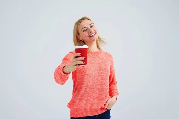 Young blond offering coffee — Stock Photo, Image