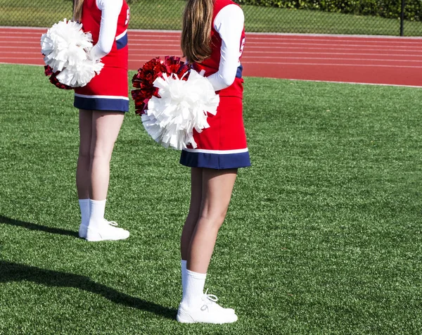 Two high school cheerleaders standing with pompoms behind them