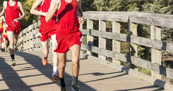 男孩高学校越野跑步者越过一座木制的桥 — 图库照片