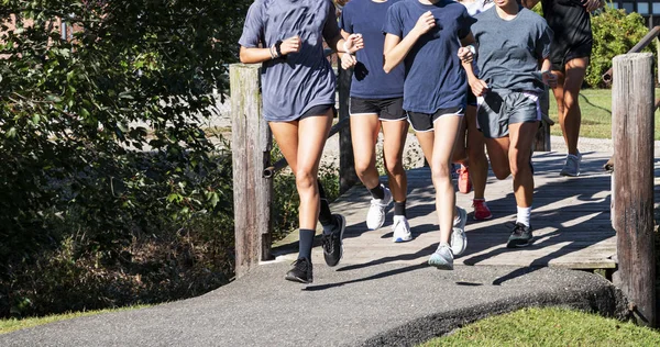 Grupo de garotas correndo juntas sobre uma ponte de madeira no caminho do alcatrão — Fotografia de Stock