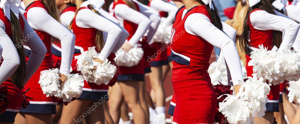 Horizontal view of cheerleaders cheering during a football gane