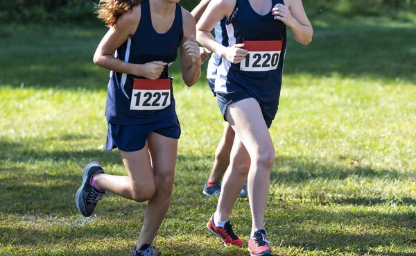 Jonge middelbare school meisjes hardlopen in een cross country race op een gra — Stockfoto