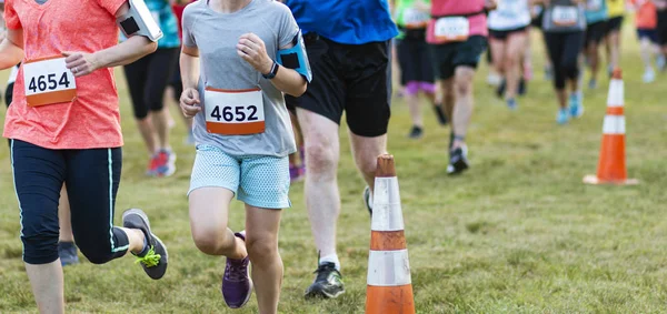 Crowd of runners racing 10K on grass — Stock Photo, Image