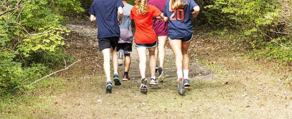 Uma Equipe Cross Country Ensino Médio Tem Corredores Correndo Floresta — Fotografia de Stock