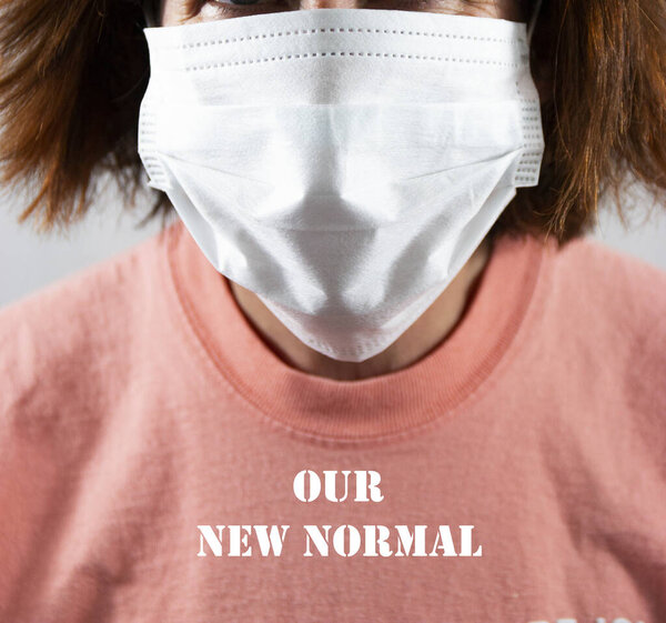 Face Mask Covering Face Women Whos Shirt Reads Our New — Stock Photo, Image