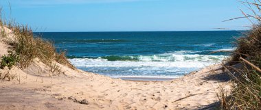 Atlantik Okyanusu 'ndaki kum tepelerinden Montauk New York Long Island ABD' deki bir kumsal patikasına bakıyorum..