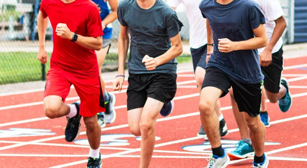 Group High School Boys Running Training Session Together Track Field — Stock Photo, Image