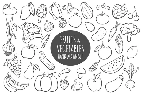 Elle çizilmiş meyve ve sebzeler. Vektör çizim.