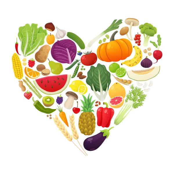 孤立的水果和蔬菜的心 — 图库矢量图片