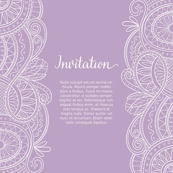 Hand drawn card design template with lace pattern borders — Stock Vector