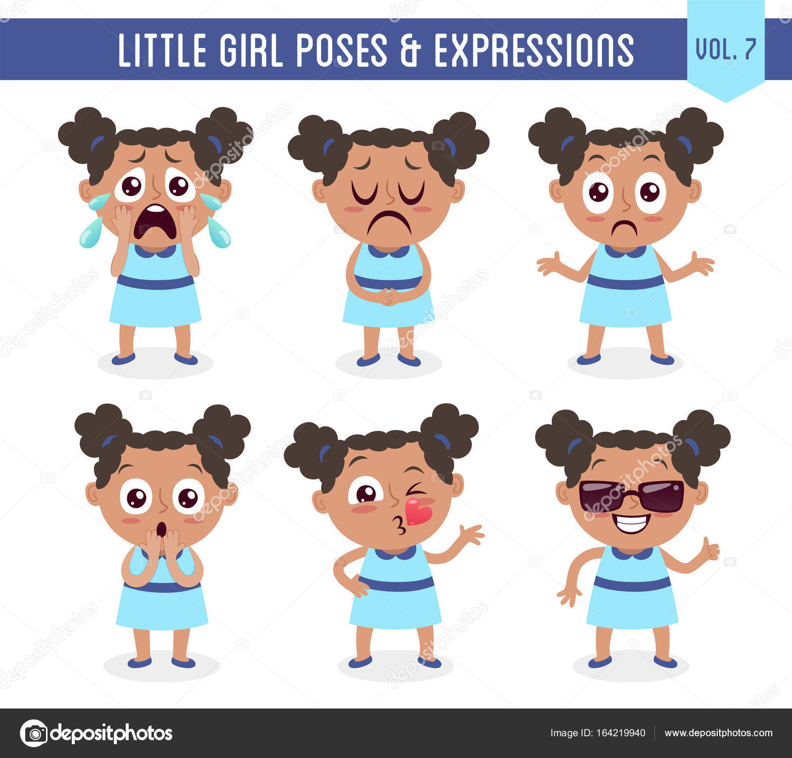 Set of vector of happy little girls with different action poses, hand  gestures and legs positions, such as peace sign, wink eye, arm crossed,  raising hands, hand on the waist, standing with