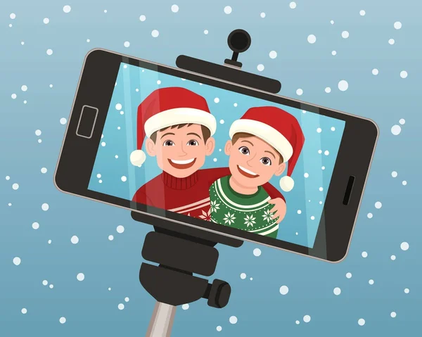 Selfie captura de dos niños para el saludo de Navidad . — Vector de stock