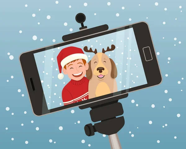 Retrato de Navidad con smartphone . — Vector de stock