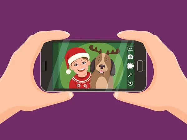 Tomar un retrato navideño con un smartphone — Vector de stock