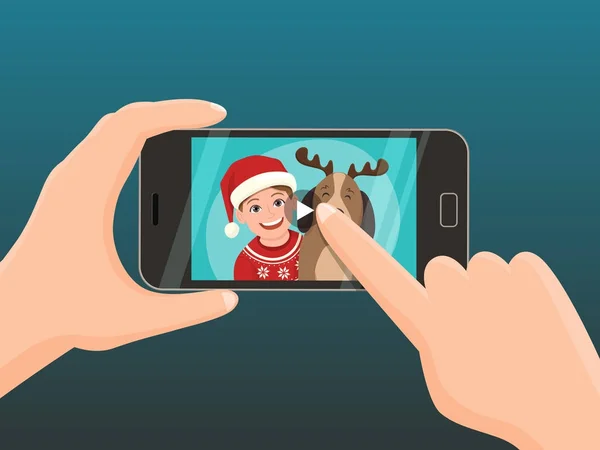 Smartphone con un video di Natale per il saluto . — Vettoriale Stock