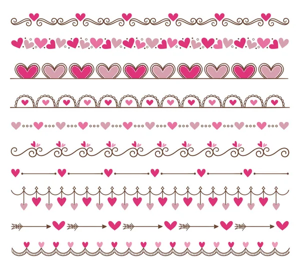 Set of border decoration elements with hearts — Stock Vector