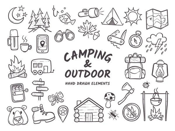 Camping y aventuras al aire libre elementos dibujados a mano — Vector de stock