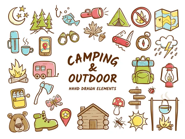 Éléments de camping et de loisirs de plein air dessinés à la main — Image vectorielle