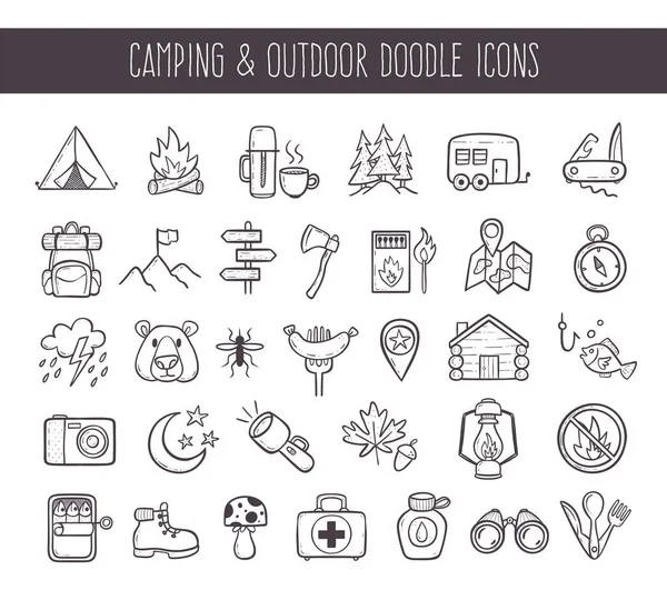 Camping y recreación al aire libre doodle iconos — Vector de stock