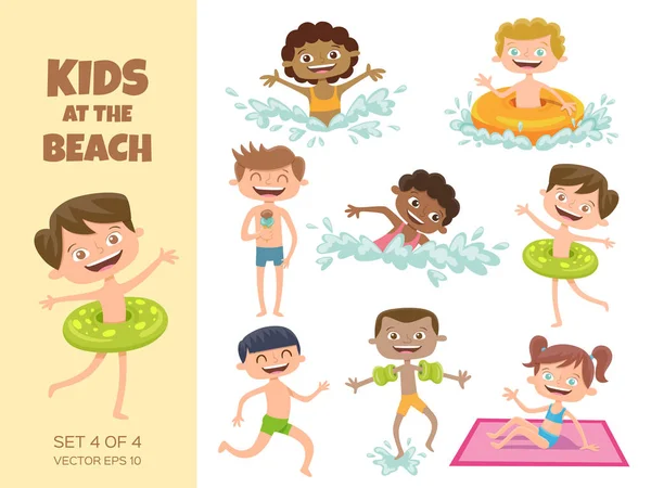 Collection d'enfants jouant à la plage . — Image vectorielle